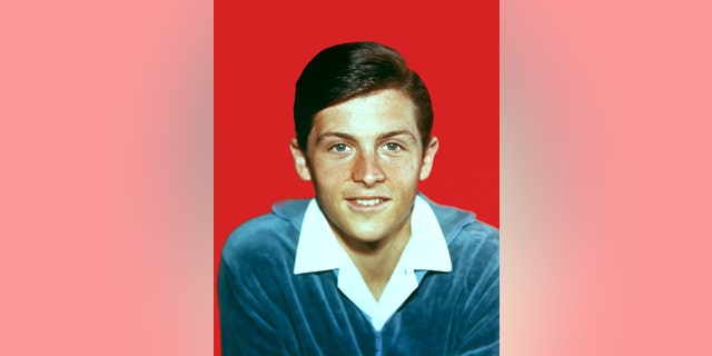 Eine Nahaufnahme von Burt Ward in einem blauen Pullover mit hervorstehendem weißen Kragen