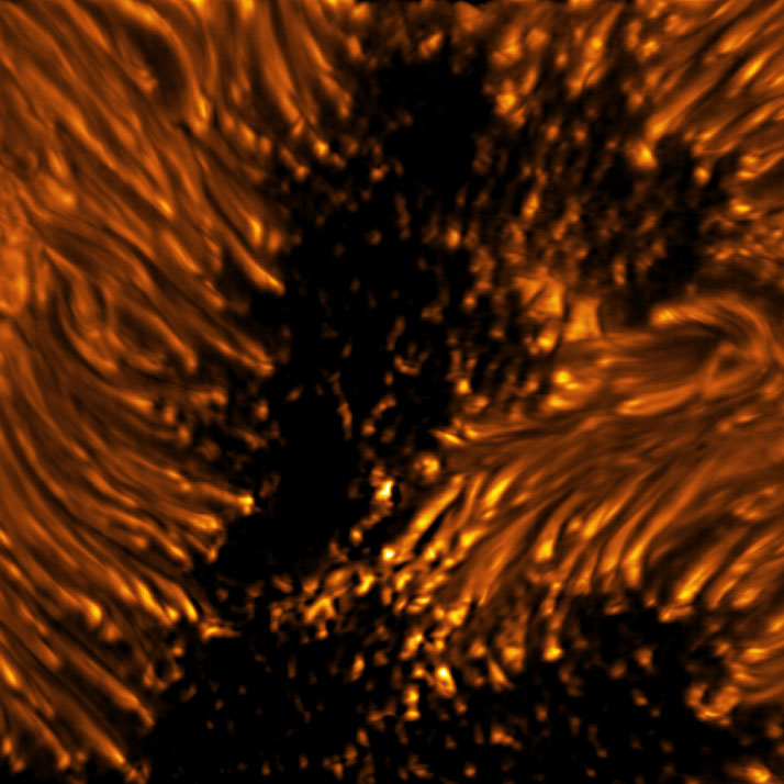 Dieses Bild zeigt die feinen Strukturen eines Sonnenflecks in der Photosphäre.  Im dunklen, zentralen Bereich des Kernschattens des Sonnenflecks sind kleine helle Punkte, sogenannte Umbralpunkte, zu sehen.  Die länglichen Strukturen, die den Kernschatten umgeben, sind als hellköpfige Stränge sichtbar, die als Halbschattenfilamente bekannt sind.  Umbra: Dunkler, zentraler Bereich eines Sonnenflecks, wo das Magnetfeld am stärksten ist.  Halbschatten: Der hellere, umgebende Bereich des Kernschattens eines Sonnenflecks, der durch helle fadenförmige Strukturen gekennzeichnet ist.