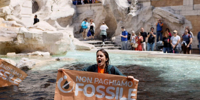 Demonstrant hält Schild am Trevi-Brunnen in Rom, Italien