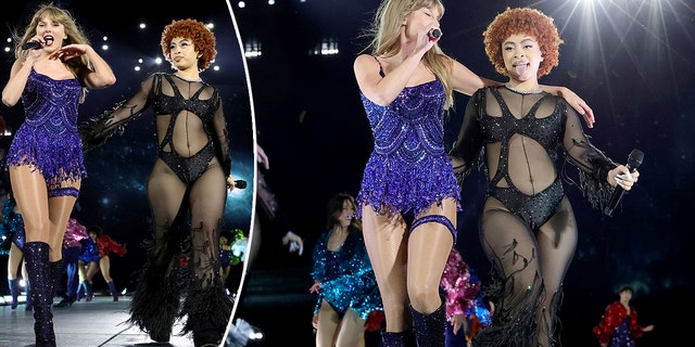 Taylor Swift und Ice Spice spielen „Karma“ im MetLife-Stadion und stolzieren über die Bühne. Taylor sieht sich Ice Spice während des Auftritts an