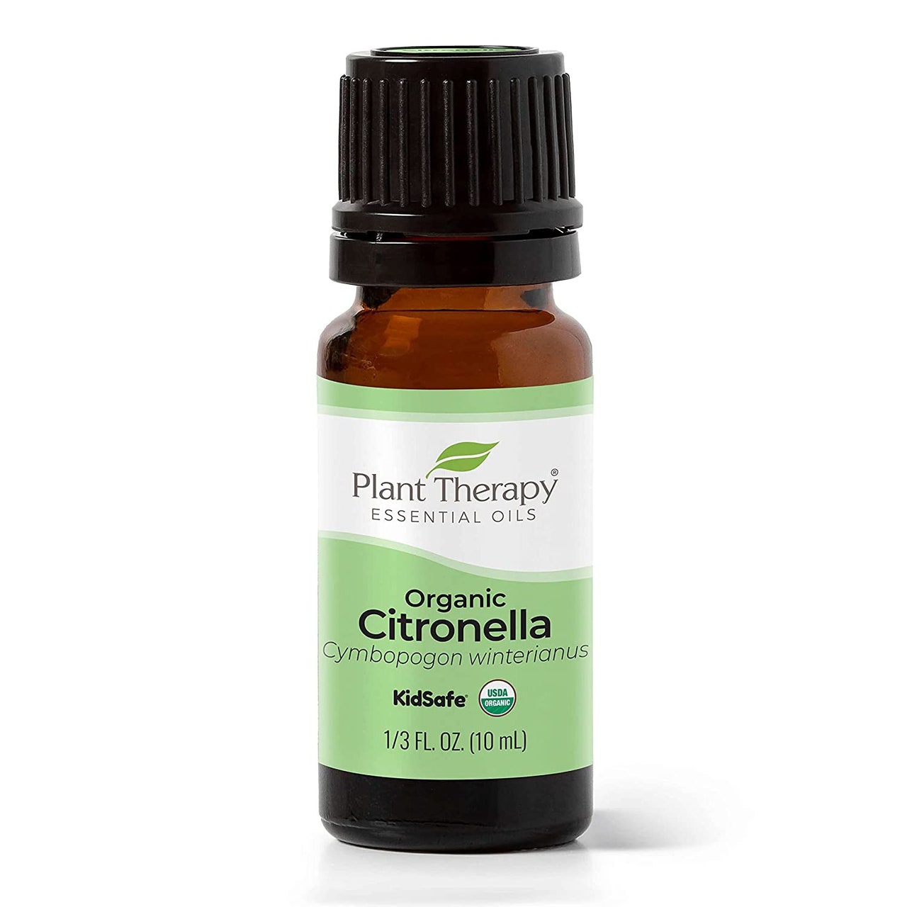 Pflanzentherapie-ätherische Öle Bio-Citronella-braune Flasche mit grünem und weißem Etikett und schwarzem Verschluss auf weißem Hintergrund
