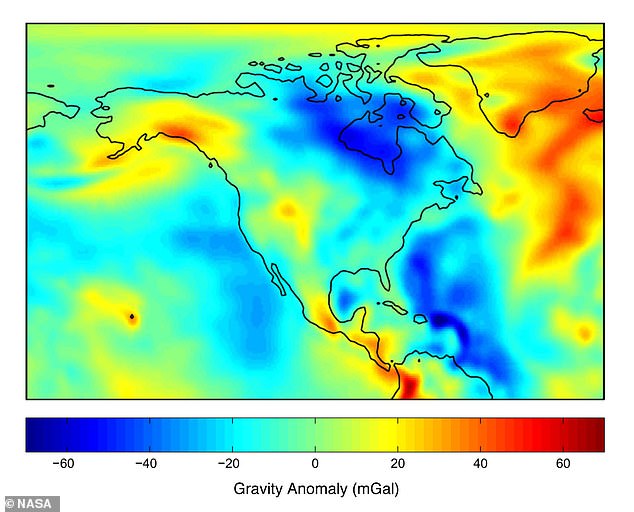 Diese Karte des Schwerkraftfeldes der Erde, die am 30. Juli 2003 auf Grundlage einer gemeinsamen Mission der NASA und des Deutschen Luft- und Raumfahrtzentrums Gravity Recovery and Climate Experiment (GRACE) veröffentlicht wurde, zeigt in tiefem Blau die ungewöhnliche Schwerkraftanomalie rund um die salzige nordöstliche Hudson Bay Kanadas