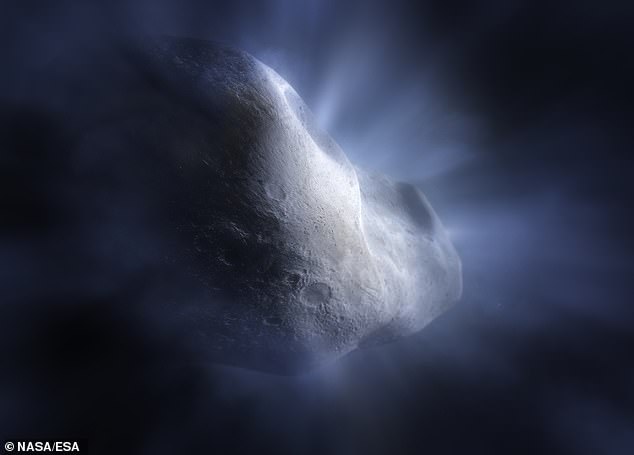 Astronomen haben erstmals Gas – insbesondere Wasserdampf – um einen Kometen im Hauptasteroidengürtel nachgewiesen.  Diese künstlerische Darstellung des Kometen namens Comet 238P/Read zeigt, wie er sublimiert – sein Wassereis verdampft, während sich seine Umlaufbahn der Sonne nähert.  Diese Sublimation unterscheidet Kometen von Asteroiden und erzeugt ihren charakteristischen Schweif und den verschwommenen Halo oder die Koma
