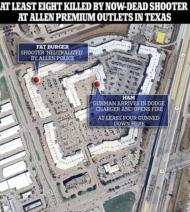 Bei der Schießerei in den Allen Premium Outlets in Allen, einem kleinen Vorort nördlich von Dallas, wurden mindestens acht Menschen getötet.  Mindestens einer der Getöteten war ein Kind, obwohl dank der ungenannten Bemühungen von H&M-Mitarbeitern mehrere andere Jugendliche gerettet wurden