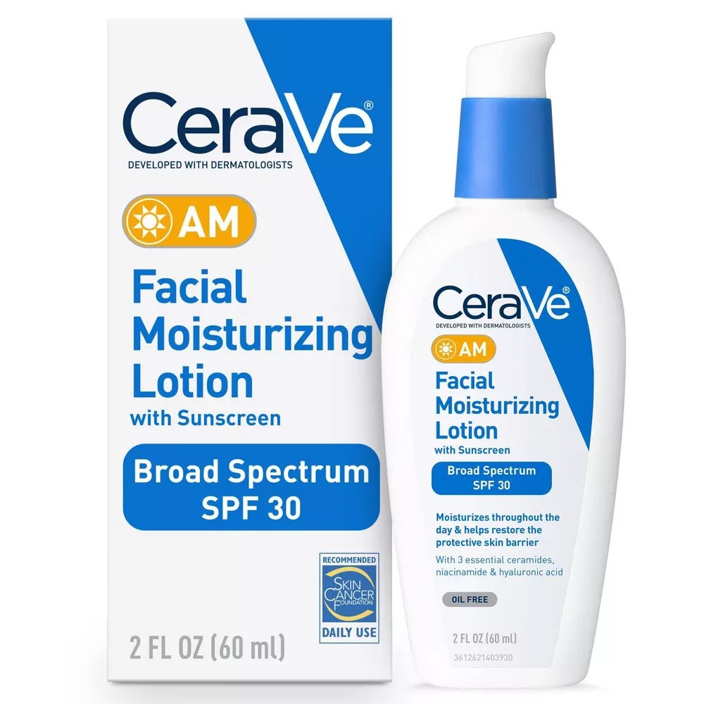 CeraVe AM Facial Moisturizing Lotion With Sunscreen SPF 30, weiße Pumpflasche mit blauem Text auf weißem Hintergrund