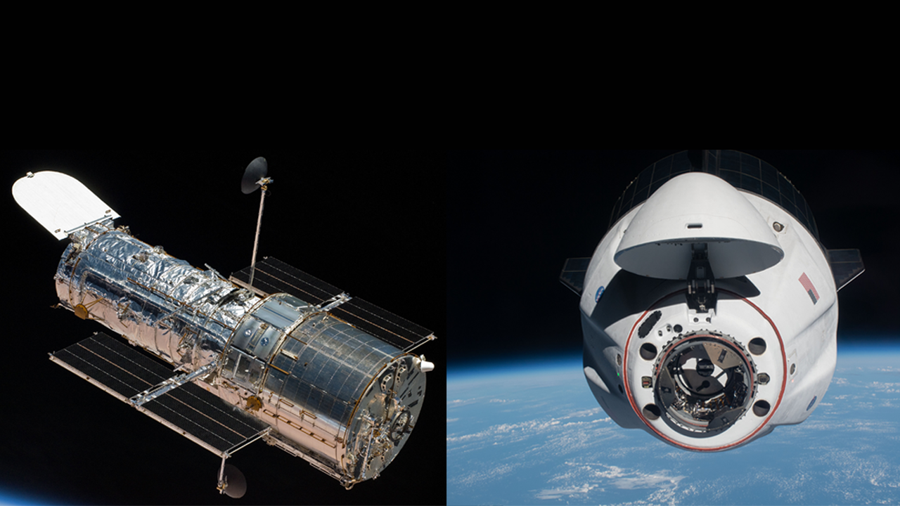 zwei Bilder nebeneinander.  Eines zeigt das Hubble-Weltraumteleskop im Weltraum mit ausgefahrener Antenne und geöffneter Klappe.  Das zweite ist ein Drachenraumschiff mit geöffneter Klappe, das über der Erde fliegt