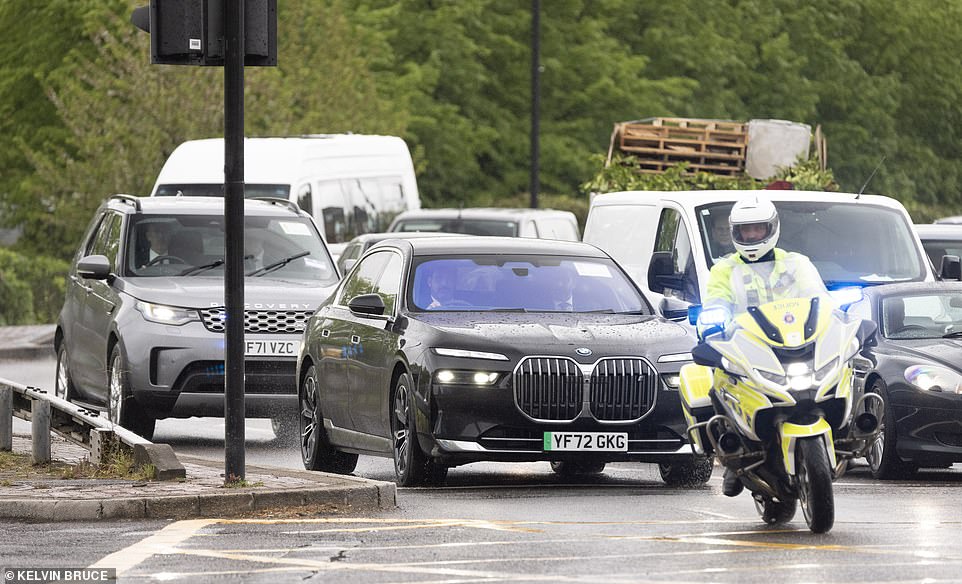 The prince's car (pictured) was seen shortly afterwards heading out of the capital in the direction of Heathrow