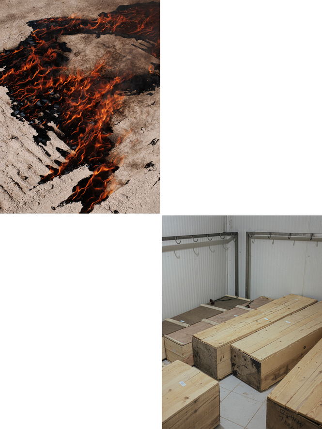 Das linke Foto zeigt einen Brand in der Nähe einer Tankstelle.  Das rechte Foto zeigt die bedeckten Leichen von 12 Menschen, die in einem Schlachthof in Şırnak festgehalten werden. 