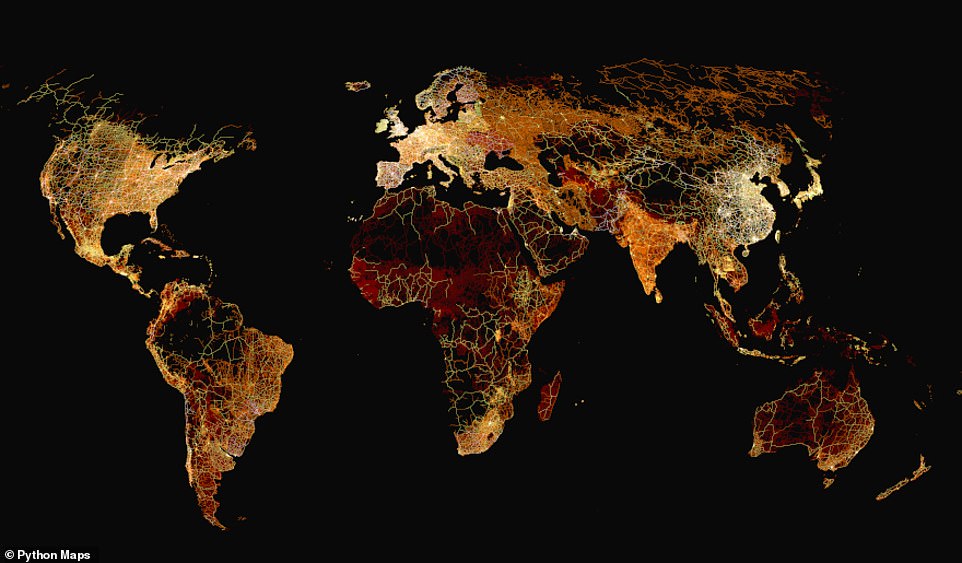 Um zu veranschaulichen, wie viel Landstraßen bedecken, hat Adam Symington von PythonMaps eine unglaubliche Karte für Visual Capitalist erstellt, die die Straßen der Welt nach Kontinenten geordnet zeigt
