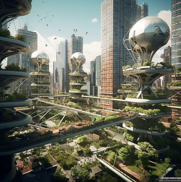 New York City: Die Städte der Zukunft werden umweltfreundlicher sein, mit vertikalen Farmen, die Lebensmittel produzieren (Midjourney)