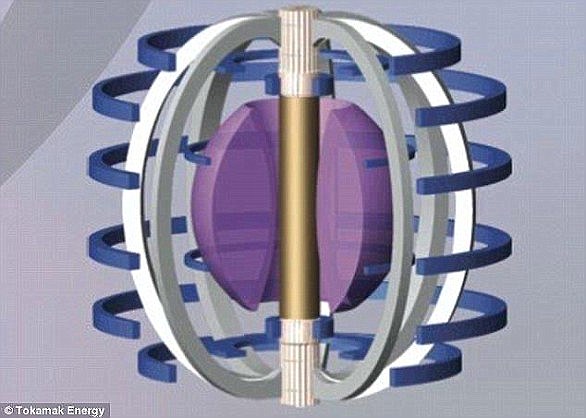 Der Tokamak (künstlerische Darstellung) ist das am weitesten entwickelte magnetische Einschlusssystem und bildet die Grundlage für die Konstruktion vieler moderner Fusionsreaktoren.  Das Lila in der Mitte des Diagramms zeigt das Plasma im Inneren 