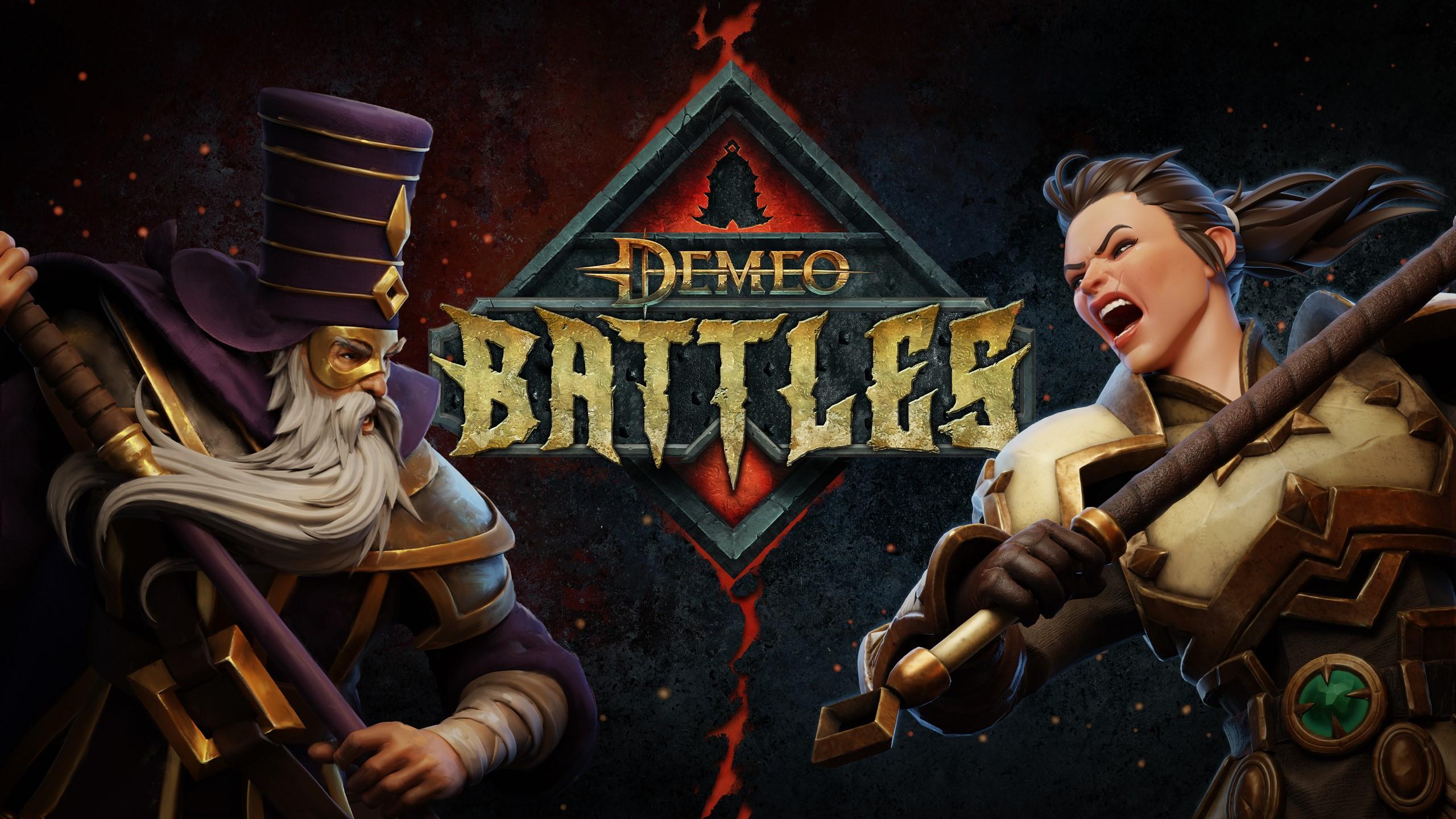 „Demeo Battles“-Schlüsselgrafik mit zwei Champions und dem Logo des Spiels.