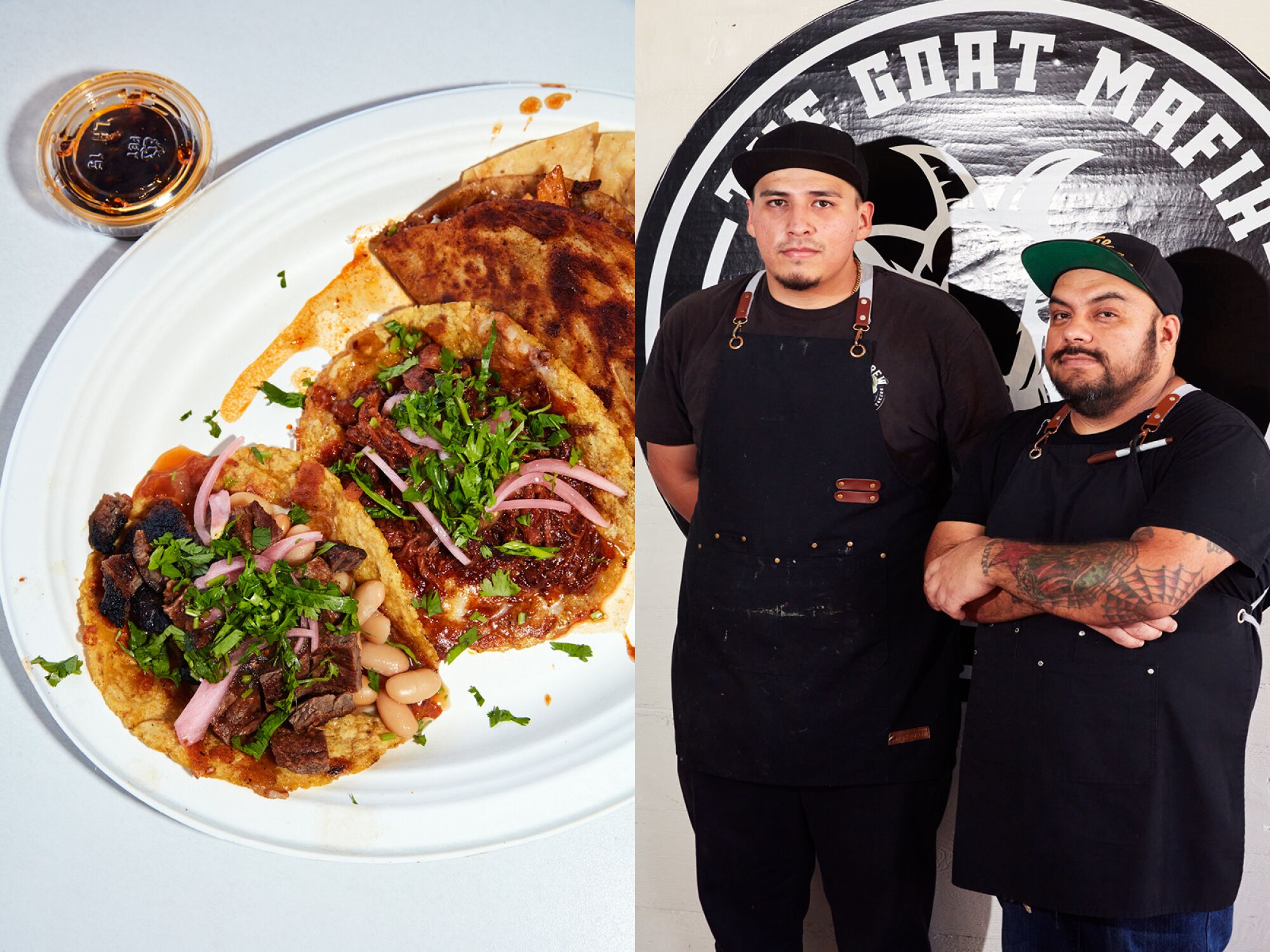 Ein Taco-Kombiteller von Saucy Chick Rotisserie/the Goat Mafia und Ivan Flores und Juan Garcia von der Goat Mafia