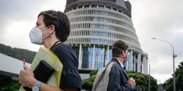 Maskierte Menschen vor dem neuseeländischen Parlament