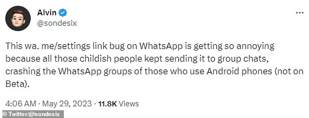 Ein Nutzer sagte auf Twitter, dass „kindische Leute“ auf WhatsApp die URL an Gruppenchats verschickten, um Android-Nutzern absichtlich Probleme zu bereiten.