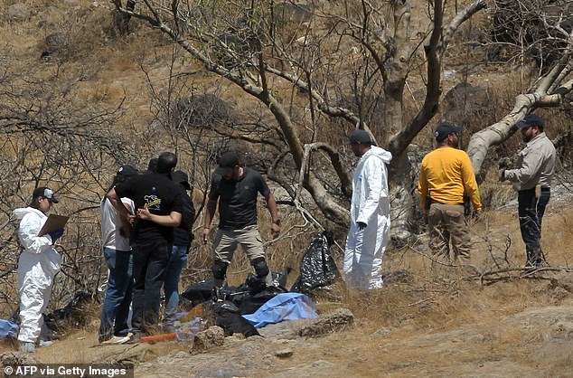 Forensische Experten arbeiten mit mehreren Säcken mit menschlichen Überresten, die in der Gemeinde Mirador Escondido in Zapopan, Jalisco, Mexiko, zurückgelassen wurden