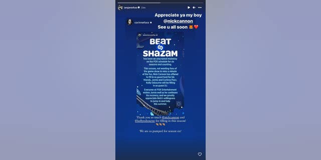 Jamie Foxx hat eine Instagram-Story seiner Tochter Corinne, die sie über den Beat-Shazam-Account erneut gepostet hatte, erneut gepostet, in der er Nick Cannon dafür dankte, dass er in seiner Abwesenheit als Moderator eingesprungen war