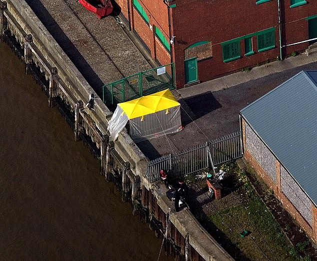 An aerial view of The police Tents Set up by the riverside at Great Yarmouth