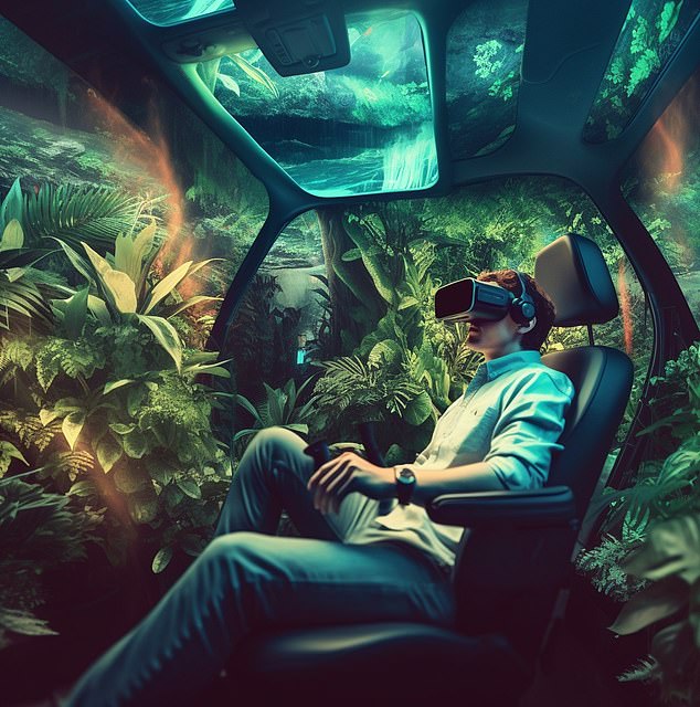 Virtual- und Augmented-Reality-Unterhaltungssysteme werden die Passagiere unterhalten (Midjourne)