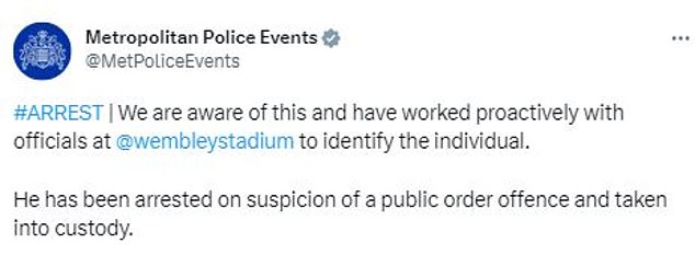 Die Met Police bestätigte, dass der Fan wegen des Verdachts eines Verstoßes gegen die öffentliche Ordnung festgenommen wurde