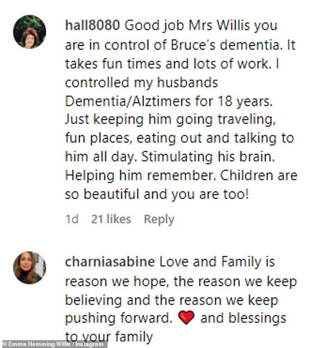 Sharing the love: Other fans applauded Emma for her hard work to keep Bruce happy while another commented on the importance of family