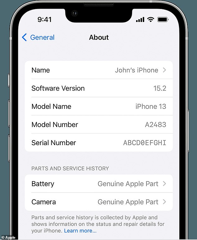 Wenn Ihr iPhone gewartet und durch ein Originalteil von Apple ersetzt wurde, wird es auf der Registerkarte Teile- und Serviceverlauf angezeigt