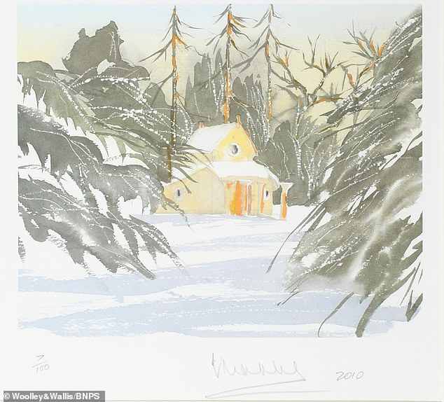 Ein Winterwunderland!  Dieses Aquarellgemälde des Heiligtums im Highgrove House wurde im Winter 2010 gemalt