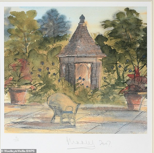 Dieses 2007 gemalte Kunstwerk zeigt die Terrasse des Highgrove House und ist Teil der versteigerten Sammlung