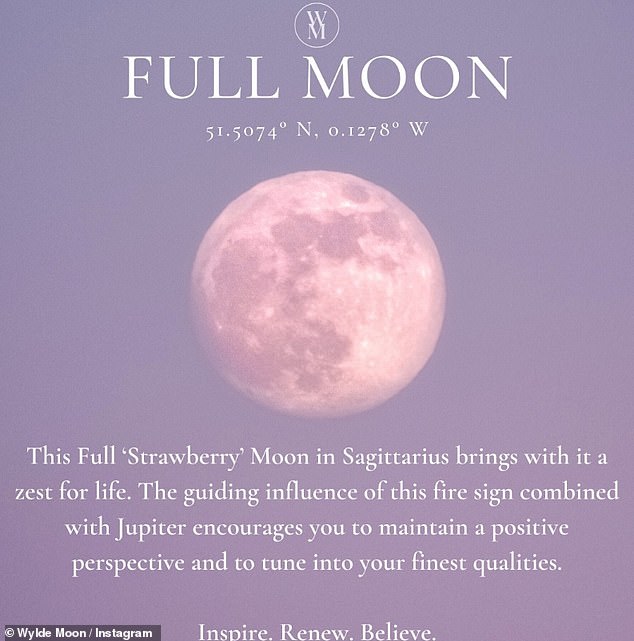 Gedanken: Die 42-jährige Moderatorin veröffentlichte auf ihrer Wellness-Seite Wylde Moon einen Ausschnitt des „Strawberry Moon“ zusammen mit Worten, in denen sie andere aufforderte, „eine positive Perspektive beizubehalten“.