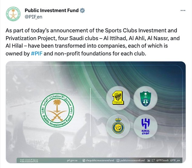 Der saudische PIF twitterte am Montag, er habe 75 Prozent der Anteile an vier führenden Vereinen übernommen