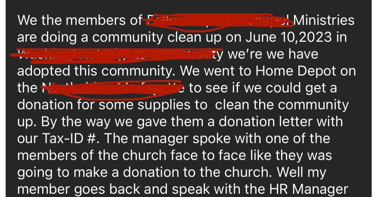 Kirchenversuche "Stornieren" Home Depot für die Nichtspende für die Veranstaltung