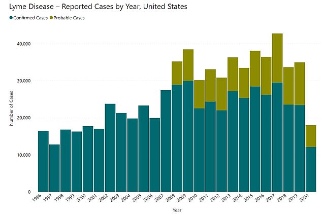 Die obige Grafik zeigt die in den USA pro Jahr gemeldeten Fälle von Lyme-Borreliose