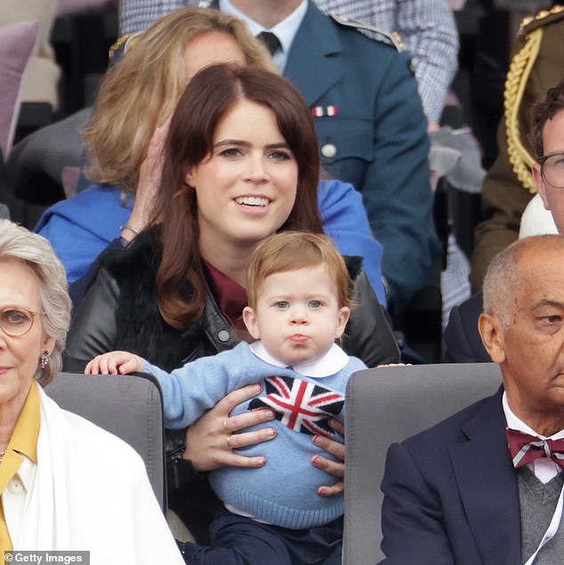 Eugenie, the youngest daughter of Prince Andrew and Sarah Ferguson, gave birth to her first son in February 2021. Pictured with August at the late Queen Elizabeth's Platinum Jubilee