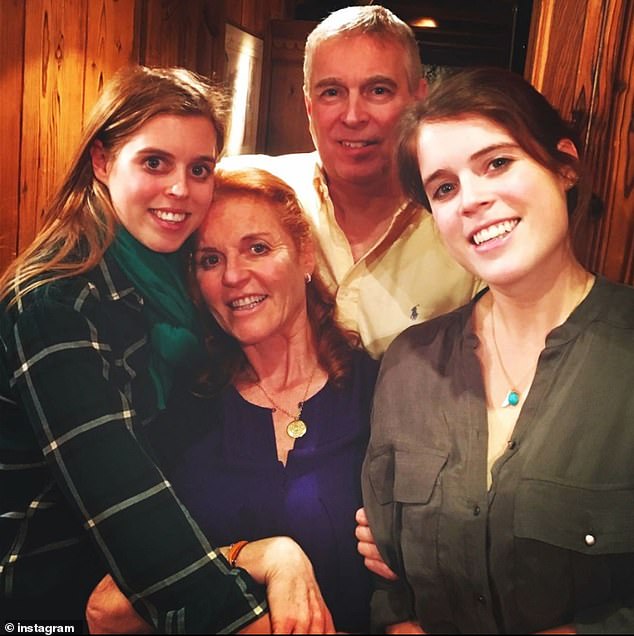 The Duke of York is pictured with his two daughters, Princess Beatrice, left, their mother, Sarah, the Duchess of York, centre, and Princess Eugenie, right
