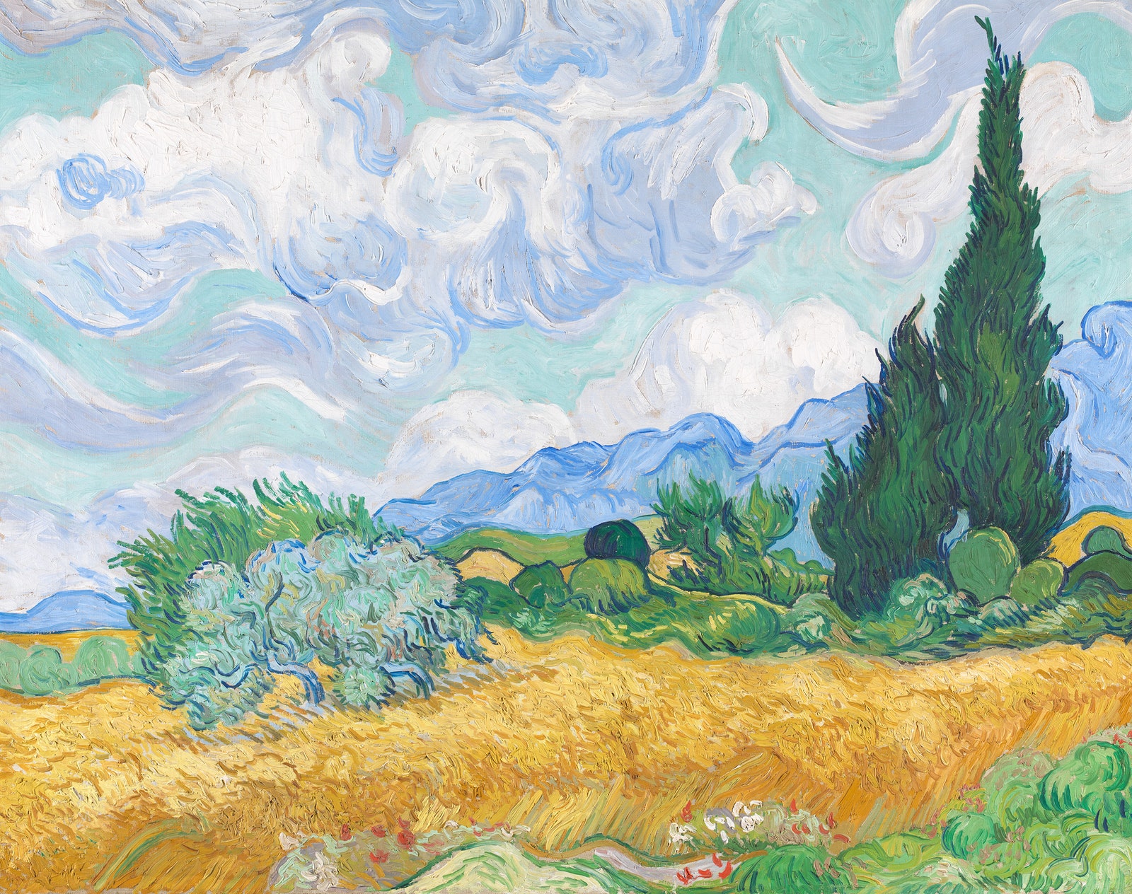 Gemälde von Vincent van Gogh mit einer Zypresse in einem Weizenfeld.