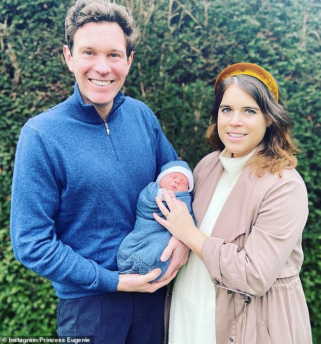 Eugenie and Jack pictured posing with their son August when he was born, in a heartwarming Instagram post about their family