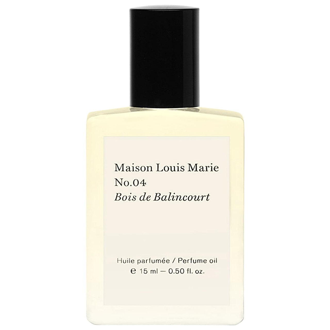 Maison Louis Marie No.04 Bois de Balincourt Parfümöl, quadratische Flasche hellgelbes Parfümöl mit schwarzer Kappe auf weißem Hintergrund