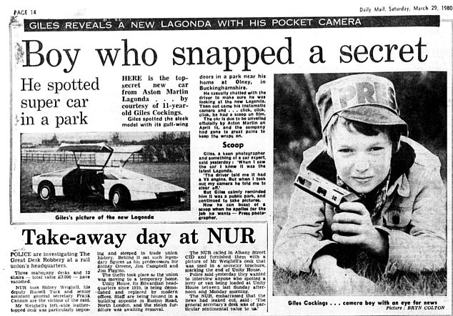 In der Zeitung hieß es, der elfjährige Schüler Giles Cockings habe das Auto auf einem Parkplatz fotografiert