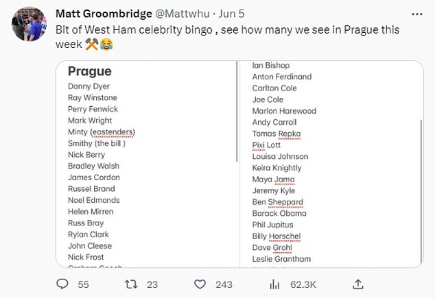 Groombridge hat eine Liste von „West Ham-Prominenten“ getwittert, nach denen er in Prag Ausschau hält