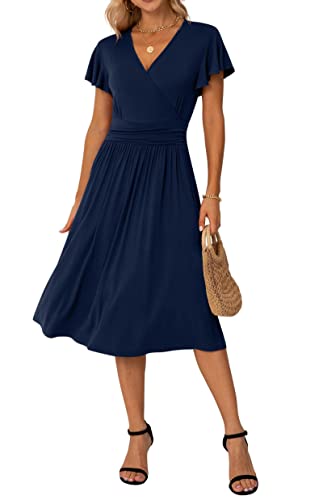 GRECERELLE Damen-Kleider, kurzärmeliges, lässiges Sommerkleid, Partykleid mit V-Ausschnitt (X-Large, Marineblau)