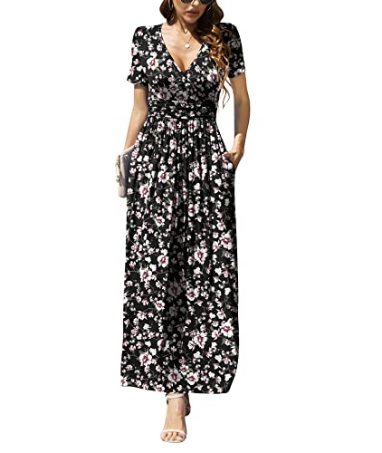 LILBETTER Flowy Beach Maxikleid Kurzarmkleid V-Ausschnitt Kleid mit Taschen (Blume Schwarz Rosa, XX-Large)