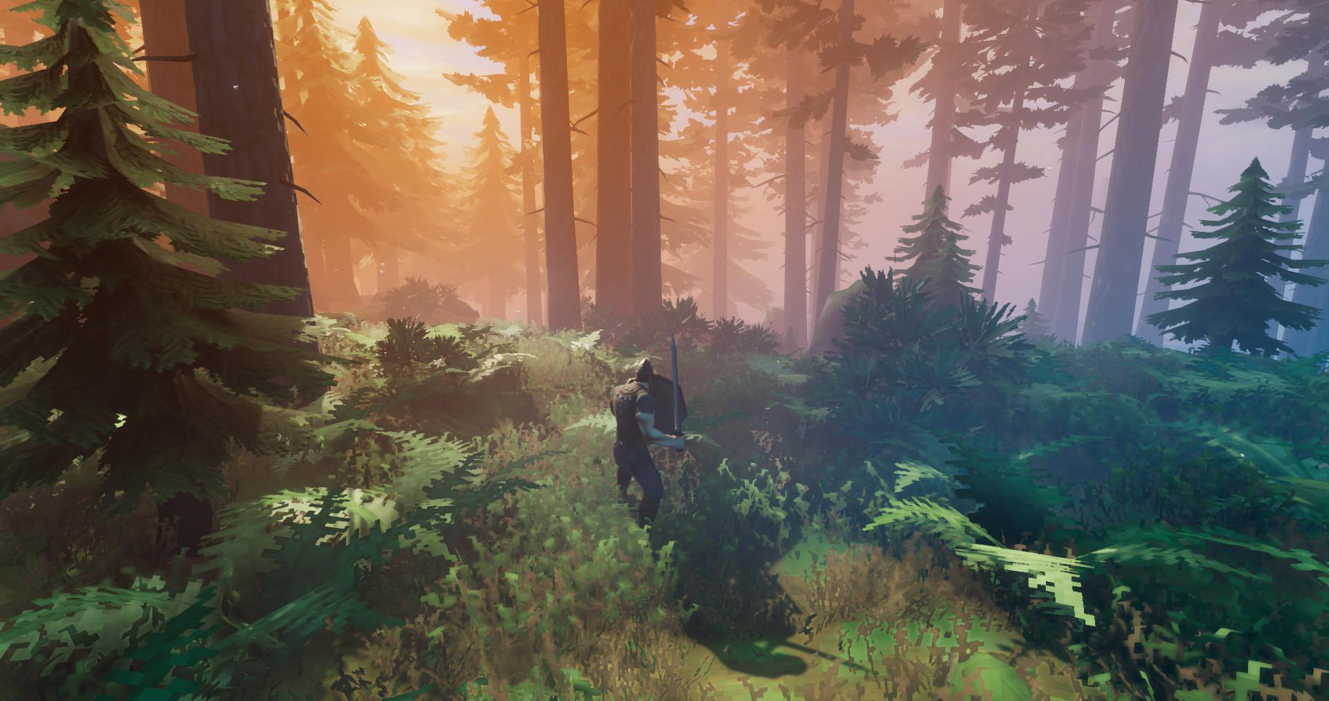 „Valheim“-Spieler steht mit Schwert und Schild in einem Wald.
