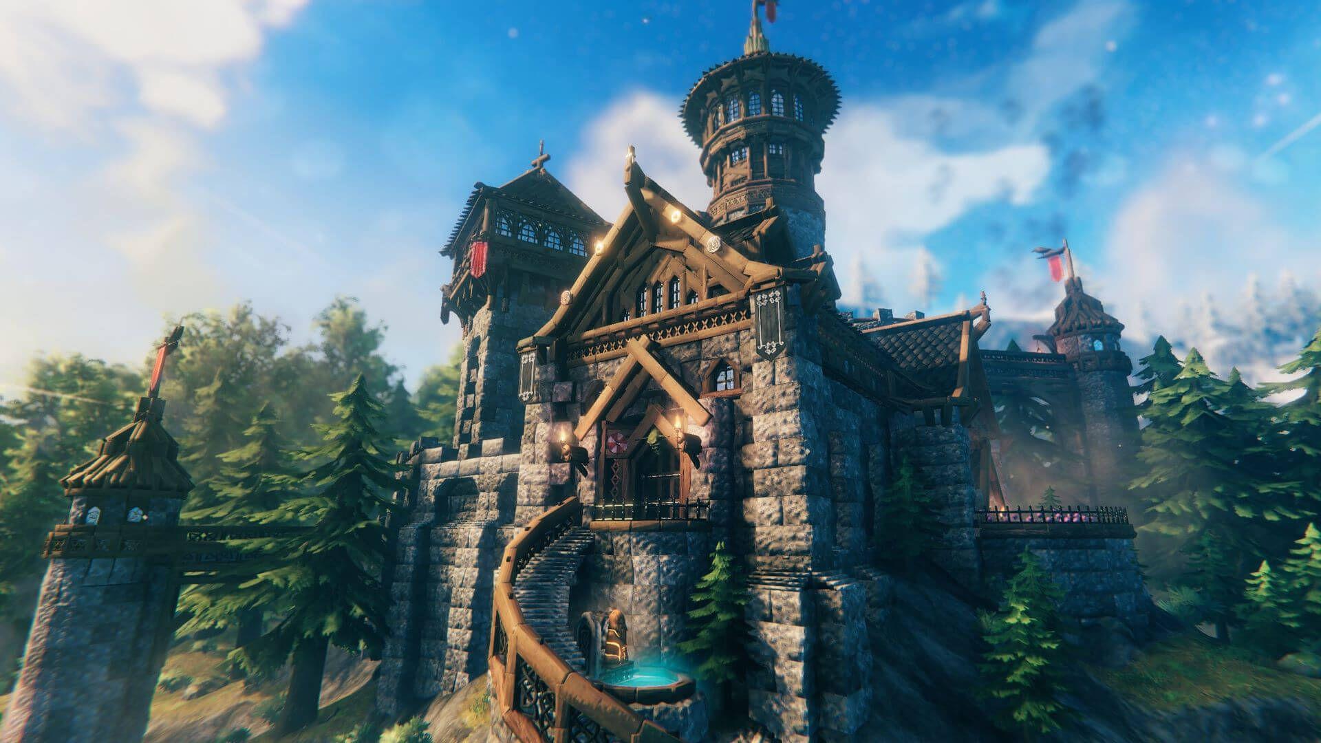 „Valheim“, vom Spieler erstelltes Schloss, umgeben von Bäumen.