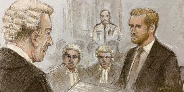 Eine Skizze von Prinz Harry am Londoner High Court