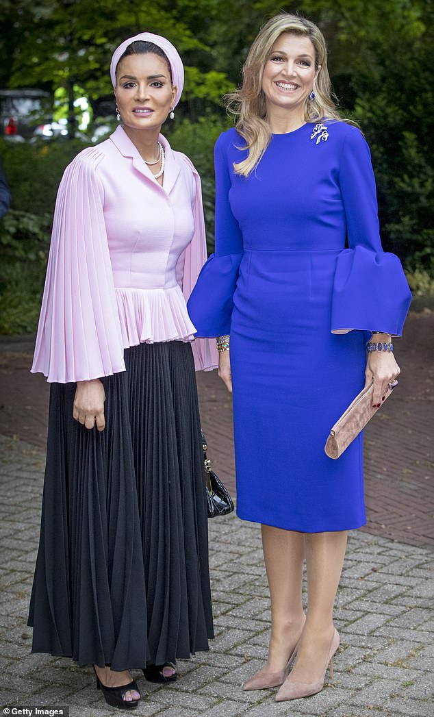 Queen Maxima of The Netherlands and Sheikha Moza bint Nasser of Qatar attend a summit at the The Hague Institute for Global Justice on May 18, 2017