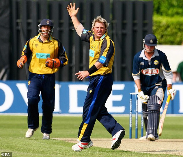 Warne gets the wicket of Rob Key while playing for Hampshire against Kent in a one-day game in 2007