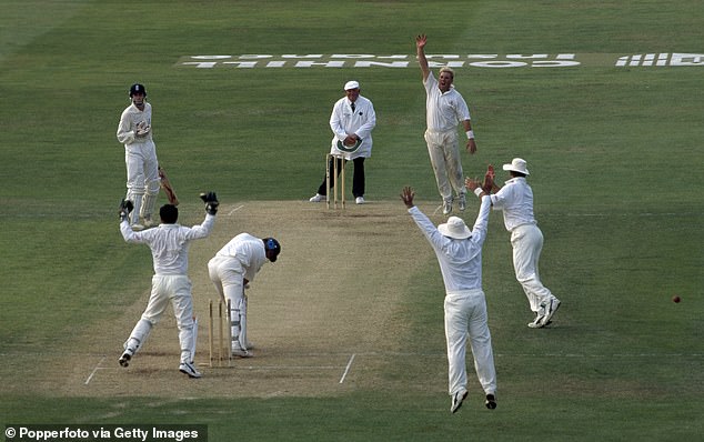 Nasser Hussain is bowled by Warne during the fifth Test of the 1997 Ashes series