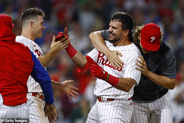 Phillies slugger Kyle Schwarber hit a tiebreaking homer run with two outs in the ninth inning