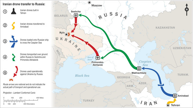Eine Karte zeigt, wie iranische Drohnen nach Russland transferiert und dann auf das Schlachtfeld in der Ukraine geschickt werden.