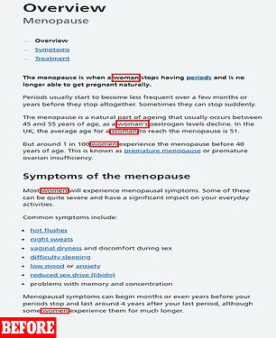 Hier abgebildet ist die ältere Version der Menopause-Übersichtsseite (16. Mai), auf der Frauen sechsmal erwähnt wurden